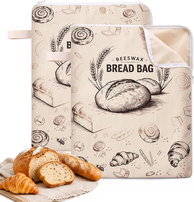 Beeswax Bread Storage Bags for Homemade Sourdough, 2 Pack 13" × 17" Linen Bread Bags with Natural Beeswax Lining, Wide L-Shaped Opening for Large Artisan Loaves, Reusable Bread Keeper（color-A）