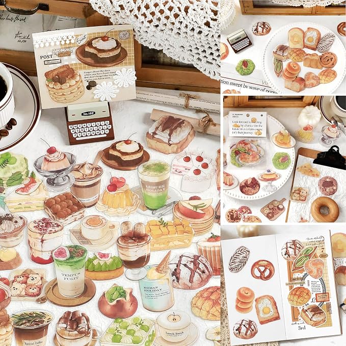 Maxleaf 80PCS Dessert Cake Clear Stickers for Scrapbook Decoration, 4 Series Retro Foods Bread Cake Coffee Stickers for Daily Life Diary Album Decoration