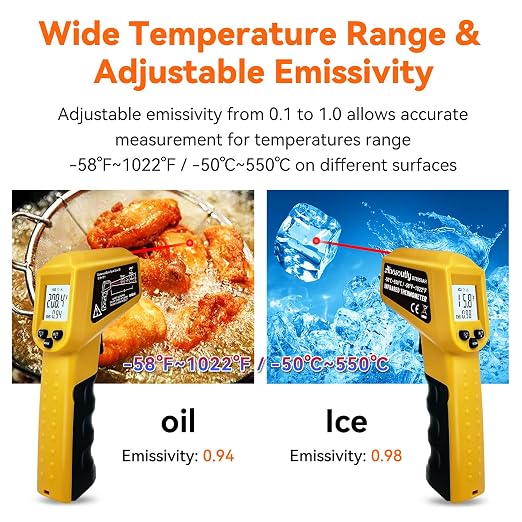 Infrared Thermometer Temperature Gun - 58 ℉~1022 ℉ (- 50 ℃~550 ℃) Non-Contact Digital Laser Infrared Ir Thermometer for Cooking, Barbecue, Food, Repair, Pet Care and Home Use(Yellow)