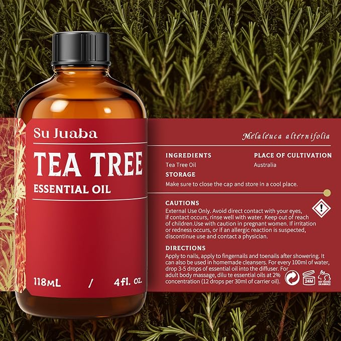 SU JUABA Tea Tree Oil, Aromatherapy Oil | for Toenail, Skin, Face, Hair, Shampoo - 118mL / 4 fl.oz