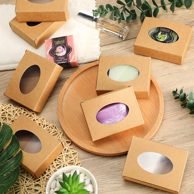 Spakon 30 Pcs Soap Boxes for Homemade Soaps 3.8 x 2.8 x 1.2 Inch Rectangle Soap Boxes with Window Small Gift Wrapping Box for Soaps Packaging Bakery Cookies Candy Party Favor Supplies(Brown)