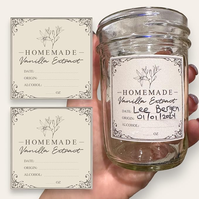 3 * 3 inch Vanilla Extract Labels - 12Pcs Square Homemade Vanilla Extract Stickers, Holiday Gift Stickers for Handcrafted Vanilla Bottles Tags, Fits 2oz, 4oz, 8oz or 16oz Bottles (3x3, 12, Count)