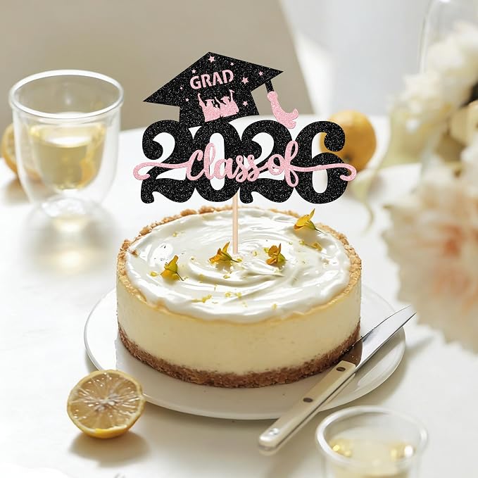 1 Pack Class of 2026 Cake Topper Glitter Congrats Grad Cap 2026 Graduation Cake Pick for 2026 Graduation Theme High School Graduate Party Cake Decorations Supplies Black Pink