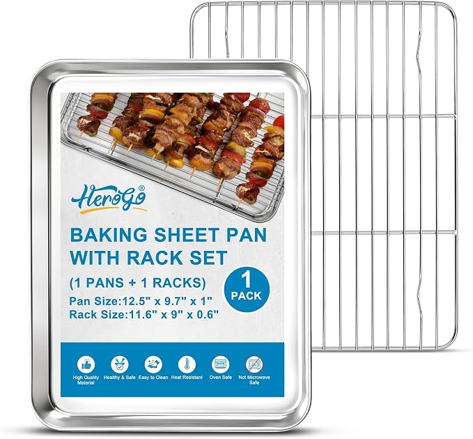 Herogo Stainless Steel Quarter Sheet Pan with Wire Rack Set(1 Pans + 1 Racks), 9 x 13 x 1 Inches Metal Baking Tray Set for Cooking & Roasting, Nontoxic & Easy Clean