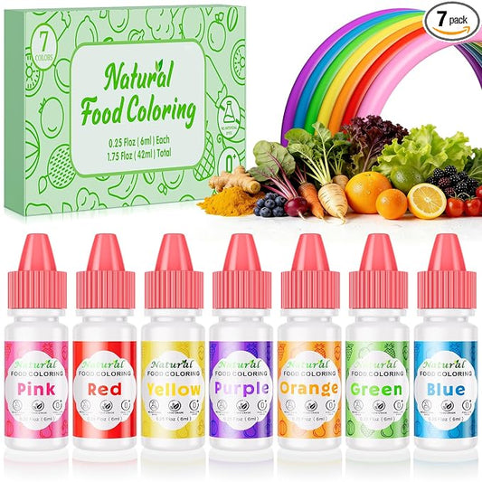Natural Food Coloring Kit - 7 Colors Dye Free Natural Food Dye, FD&C Artificial Dye Free Liquid Food Coloring for Baking, Cake Decorating, Frosting, Easter Eggs, Fondant & Cookies, 6ml (0.25 fl oz)