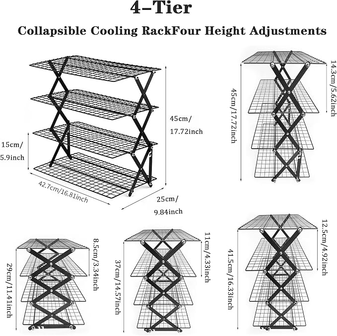 4-Tier Cooling Rack, Foldable Stackable Baking Rack | Collapsible wire rack with 4 tiers for cooling cookies, cakes, bread and pastries. Folds flat for easy storage