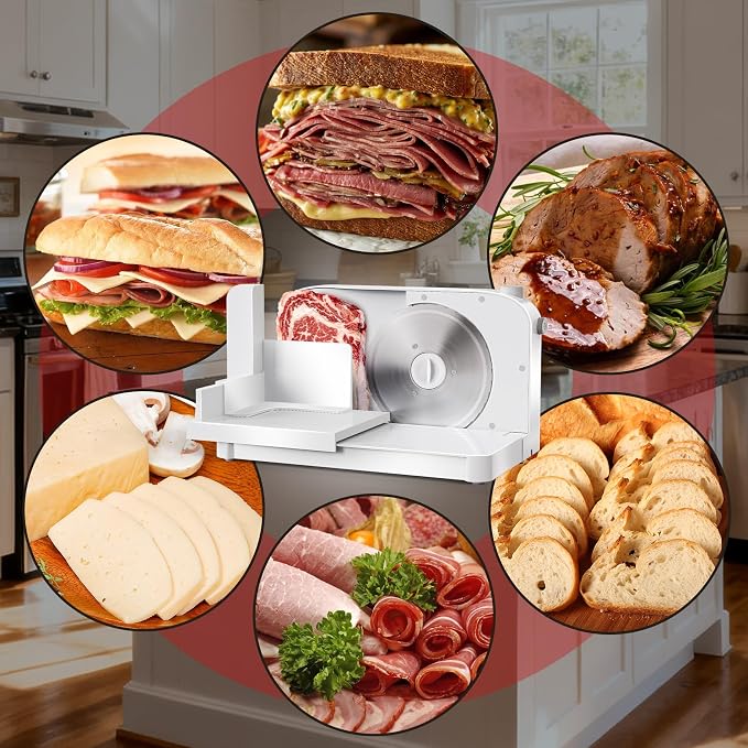 Meat Slicer Machine for Home,Foldable 150w Electric Meat Slicer with 6.7"Removable Stainless Steel Blade & Tray | 0-15mm Adjustable Thickness | Dual Safety Lock, Food Deli Slicer for Frozen Meat Jerky