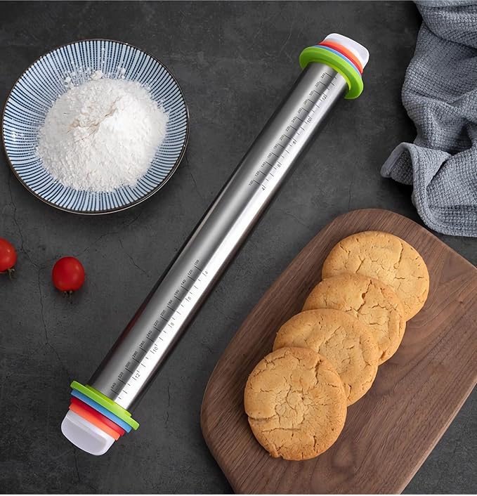 17" Adjustable Rolling Pin with 4 Sets Thickness Rings, Stainless Steel Dough Roller Pin for Pizzas, Pies, Biscuits, Dumplings, Pasta - Easy to Clean