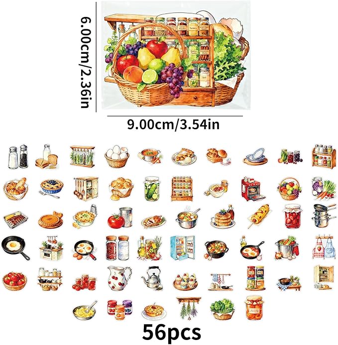 56 pcs Kitchen Food Cooking Clear PET Stickers, Vintage Bakery Bread Fruit Vegetable Transparent Die-Cut Decals, Waterproof Aesthetic Stickers for Journal Planner Scrapbook Recipe Book DIY Decor