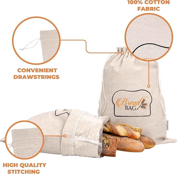 2 Linen Reusable Bread Bags for Homemade & Sourdough Breads with Plastic Liner and Drawstring, Reusable Food Storage 17" x 13" XL