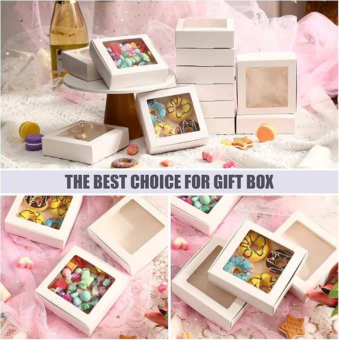 Zonon 30 Pcs Kraft Paper Boxes with Window 4.13 x 4.13 x 1.18 Inch Candy Packaging, Small Gift Boxes, Soap holder, Mini Treat Packaging for Bakery Chocolate Jewelry Display (White)