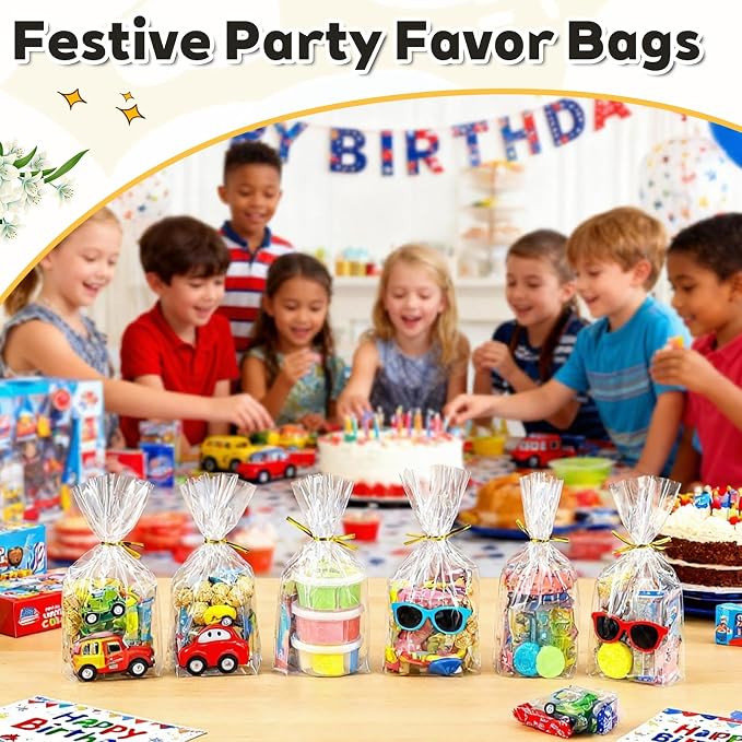 PigPotParty Cellophane Treat Bags 7x10 Inch, 100 Pack Clear Goodie Bags with Bottom Gusset for Stand-Up Display, Small Plastic Gift Wrap for Cookies, Candy, Party Favors, Popcorn, Includes 100 Ties