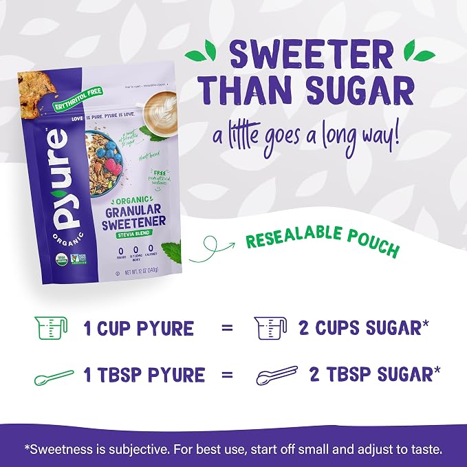 Pyure Organic Stevia Blend | Granulated Sugar Substitute with Zero Calories & Carbs | Keto, Diabetic & Vegan Friendly | Sugary Taste Alternative | USDA Organic, Non-GMO | Erythritol Free | Good For Baking | 12oz