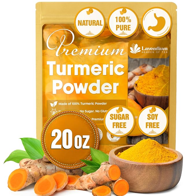 Lavendium, Premium 20oz Turmeric Powder, 100% Natural & Pure Ground Turmeric Root, No Additives or Preservatives, Non-GMO, Plant-Based & Vegan, Perfect for Golden Milk, Curry, Soups & Smoothies