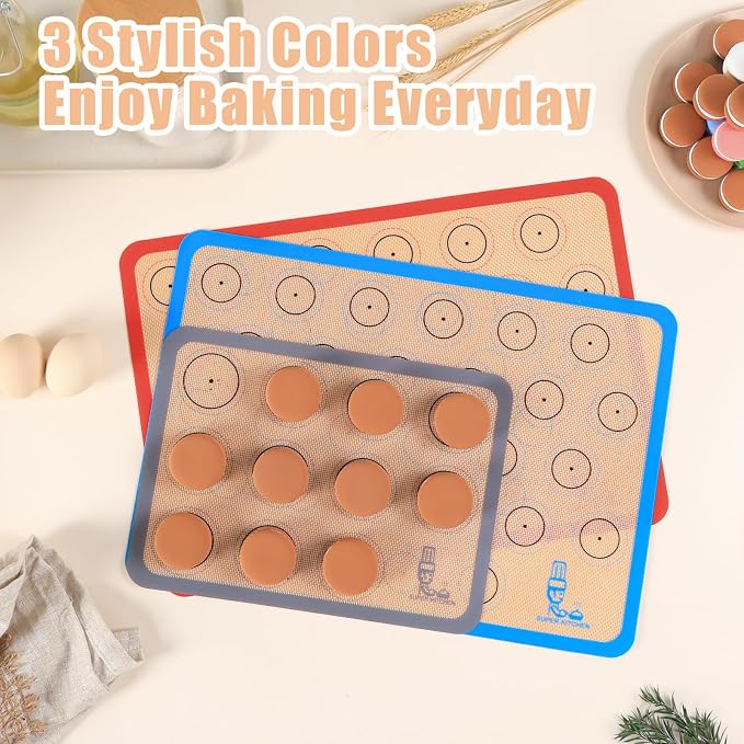 Silicone Baking Mat Macaron - Set of 3 (2 Half Sheet Liners and 1 Quarter Sheet), Non Stick Silicon Cookie Oven Liner For Macaroons, Bake Pans, Pizza, Toaster, Cake and Bread Making (Red,Blue,Gray)