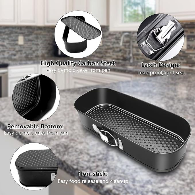 Square Springform Cake Baking Pans: Non-Stick Cheesecake/Tiramisu Pan with Removable Bottom, Quick Release Latch Bakeware Leakproof Bread Loaf Pan, 12.2" x 4.33" x 2.7"