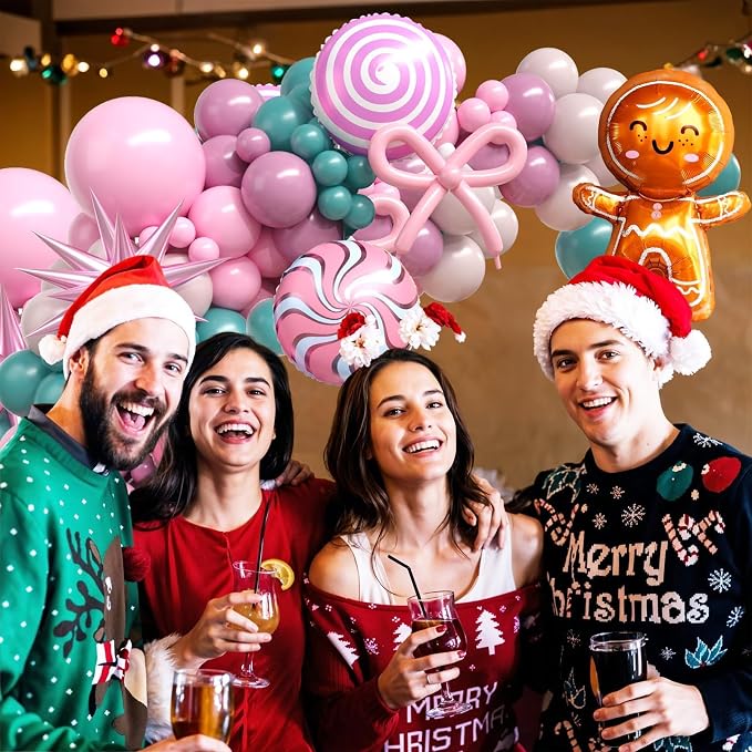 Christmas Balloon Arch Kit, Sage Green Nude Pink Purple Balloons with Lollipop Candy Gingerbread Man Star Foil Balloons for Xmas Holiday Winter Birthday New Year Party Decorations
