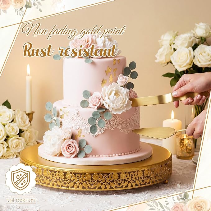 Wenqik 20 Inch Gold Cake Stand Set Metal Round Cupcake Dessert Stand with Cake Cutting, Flower Spatula Wedding Cupcake Pastry Display Candy Holder Display for Wedding Party Birthday Baby Shower