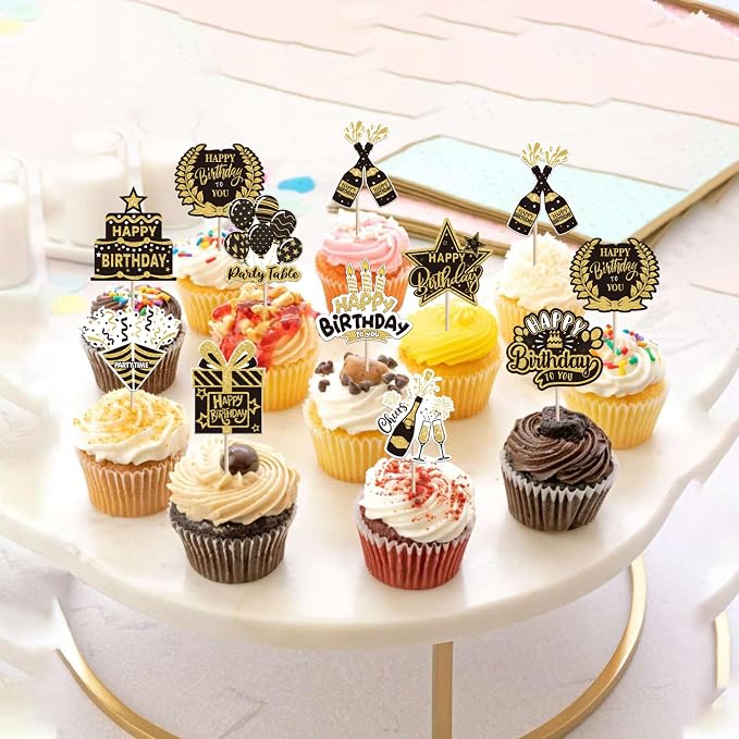 40 PCS Happy Birthday Cupcake Toppers Double Sided Balloon Star Cheers Party Time Happy Birthday Cupcake Picks for Celebrating Anniversary Theme Party Cake Decorations Supplies Black Gold