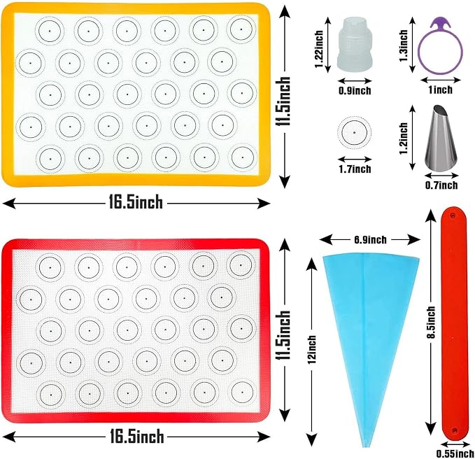 Macaron Baking Kit Silicone Mat(22 Pcs Set), Macaron Baking Supplies, Baking Set of 2 Half Sheet Macaron Silicone Mats (16.5"x11.5"), 14 Piping Tip, 2 Piping Bag,2 Bag Tie, 2 Coupler