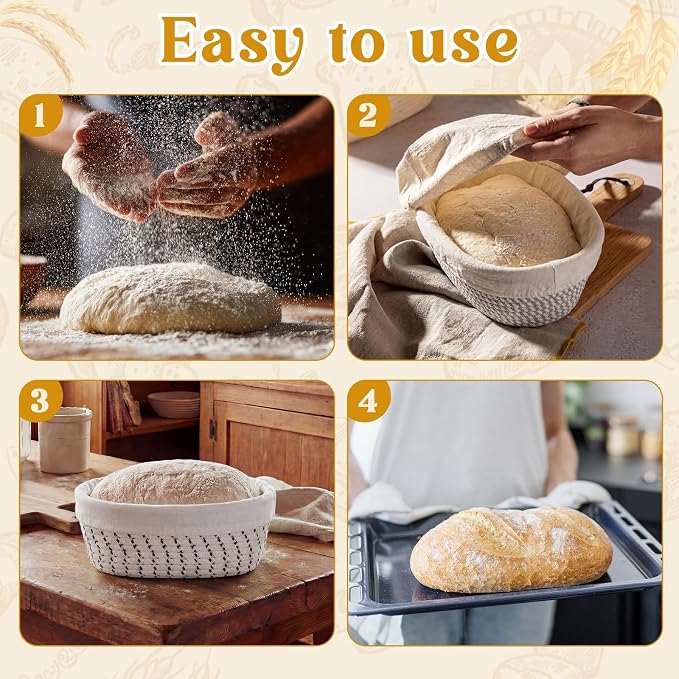4 Pcs 10 Inch Bread Proofing Basket Set Cotton Rope Oval Banneton Basket Sourdough Bread with Liners Covers for Baking Supplies (Neutral Tones)