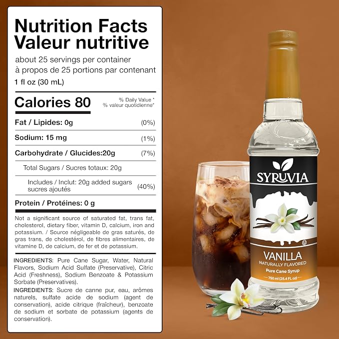 Syruvia Coffee Syrup, Vanilla Flavored Syrup for Drinks, Lattes, and Desserts – 25.4 fl oz - with Pump