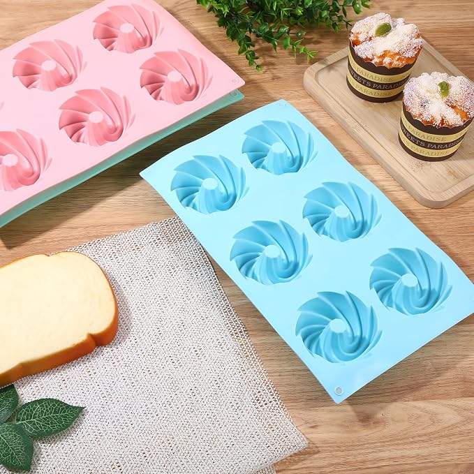 3 PCS Mini Bundt Cake Pans for Baking, 6-Cavity Fluted Tubular Mini Cake Pans, Silicone Molds for Baking, Ideal for Brownies, Cookies, Cupcakes, Jellies, Muffins, Donuts(Spiral Shape)