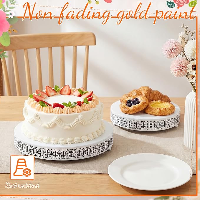 Wenqik 2 Pack Cake Stand Set, 14/16 Inch Metal Round Cupcake Dessert Stand Decorative Elegant Cake Display for Weddings Party Birthday Baby Showers Anniversary(Ornate Floral,White)