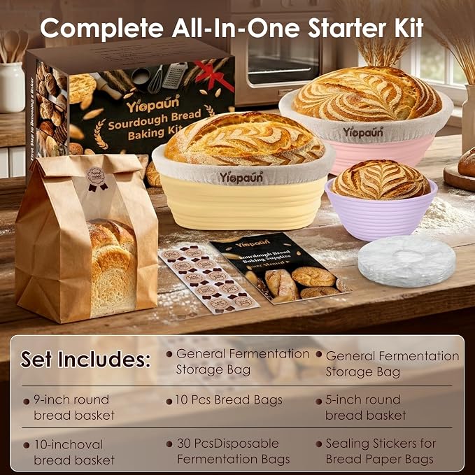 Sourdough Starter Kit, 3-Pack Silicone Banneton Bread Proofing Basket - 5" 9" Round & 10" Oval Collapsible Dough Bowl Containers for Various Tastes Bread Making