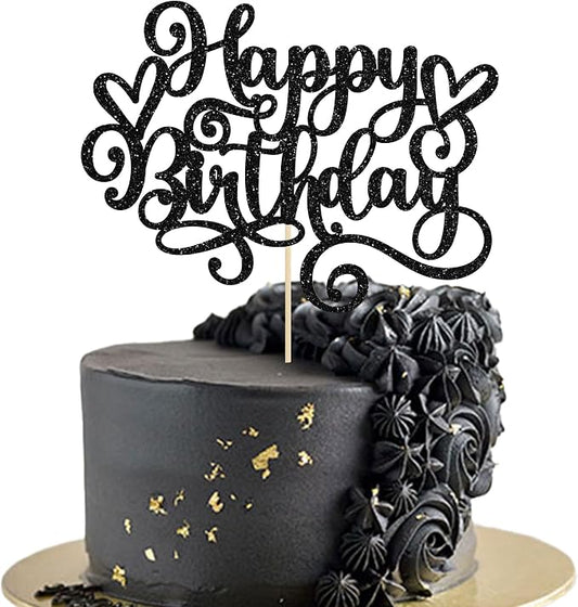Gyufise 1Pcs Happy Birthday Cake Topper Glitter Cake Pick Bunting Decor for Anniversary Celebrating Party Cake Decorations Supplies Black