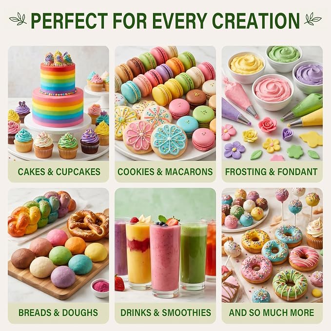Natural Food Coloring Powder Set - 6 Colors Natural Food Coloring Powder, Free from FD&C Dyes & Artificial Colors, Naturally Derived Food Color Powder, Gluten Free, Concentrated Formula for Baking, Frosting, Icing, Cookies, Macarons & Drinks