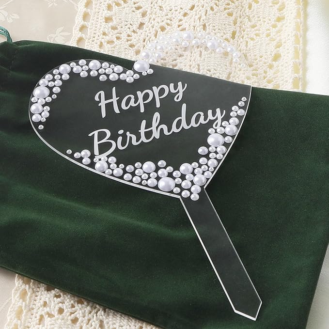 Coucoland Birthday Cake Topper - Heart Acrylic Cake Decor with Elegant Pearls for Party Supplies