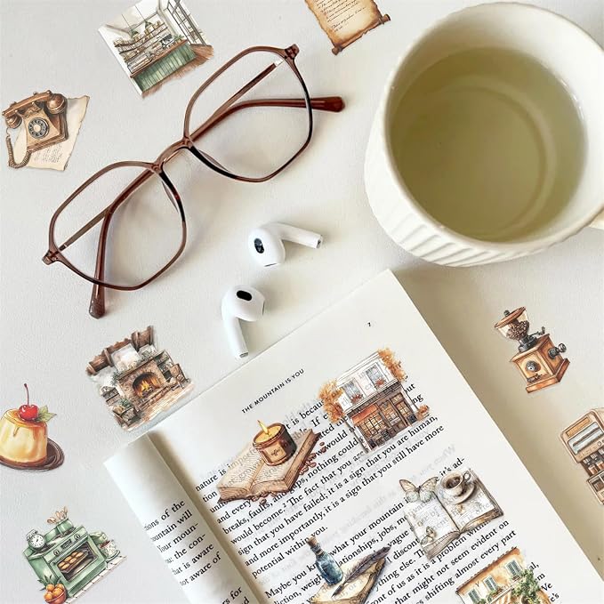 100Pcs Vintage Aesthetic Stickers for Kindle, Coffee&Bakery Aesthetic Self-Adhesive Scrapbooking Stickers Supplies Journal Stuffers for Adult Card Making Letters DIY (Vintage)