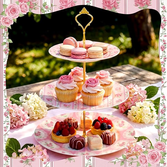 Lallisa 3 Tier Tea Party Cake Stand 10", 9" and 7" Ceramic Shabby Floral Dessert Stand with Metal Rack Coquette Cupcake Tower for Wedding Bridal Shower Baby Shower Decoration