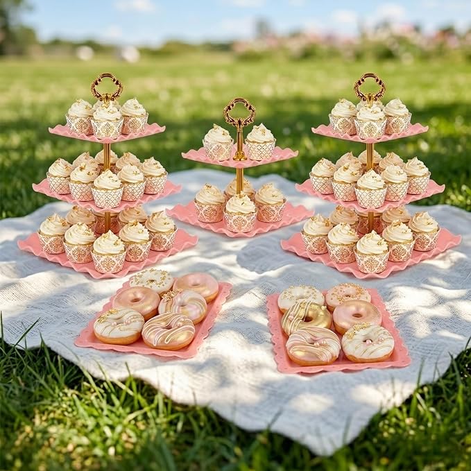 NWK 5 Piece Cake Stand Set with 2 x 3-Tier Cupcake Stands, 1 x2-Tier Cupcake Stands, 2 x Appetizer Trays, for Wedding Birthday Baby Shower Tea Party Decorations (5, Pink, Square)