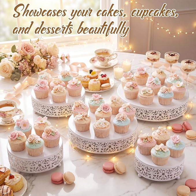 Wenqik 5 Pcs Metal White Cake Stand 16/14/12/10/8 Inch Round Cake Holder Display for Dessert Table Cookies Fruit Serving Tray Cupcake Pastry Riser for Wedding Birthday Party and Events