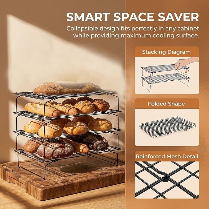 Detachable Collapsible Cooling Racks, Wire Cooling Rack Stackable Drying Rack for Bread Cookie Baking Candy Fruits (4-tier)