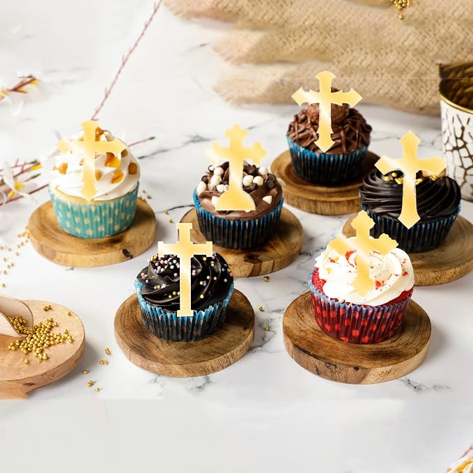 60 PCS Edible Cross Cupcake Toppers God Bless and Baptism Cupcake Toppers Edible Cross Cupcake Pick First Communion Cake Decorations for Religious Theme Baby Shower Birthday Party Supplies Retro Gold