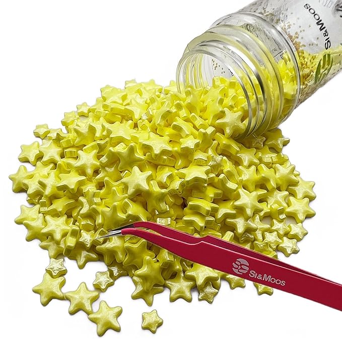 SE Si&Moos Yellow Star Sprinkles for Cake Decorating Star Cake Decorations Large and Small Edible Yellow Stars, Shower Party Birthday Halloween Christmas Supplies 3 OZ with Tweezers
