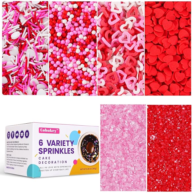 Valentines Sprinkles Mix - 6.35 oz with Pink Red and White Hearts Jimmies, Nonpareils & Sanding Sugar Sprinkles for Cake Decorations, Baking, Cookie, Cupcake Topper Decorating