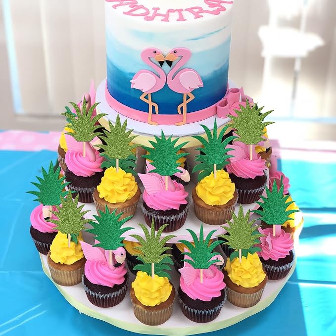 36 PCS Pineapple Cupcake Toppers Mixed Green Glitter Donut Pineapple Leaf Cupcake Picks Hawaiian Luau Cake Decorations for Pineapple Theme Summer Tropical Baby shower Kids Birthday Party Supplies
