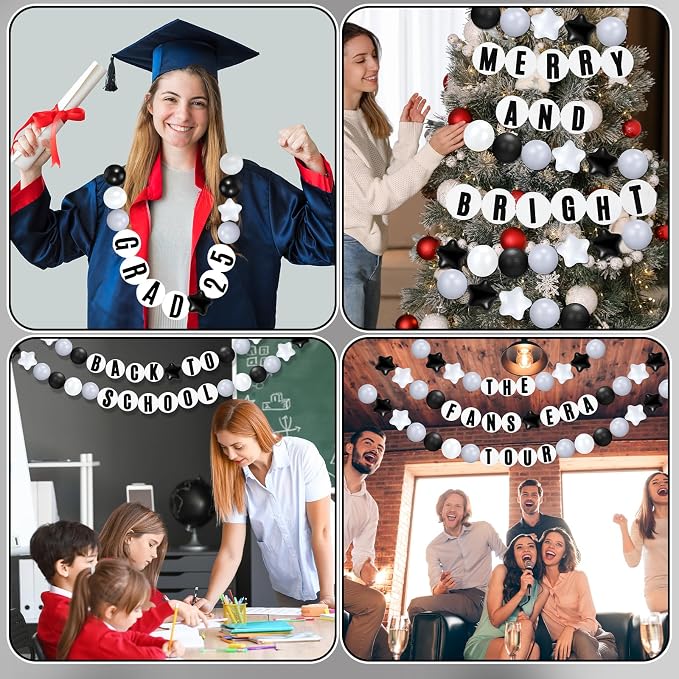 Simgoing 103 Pcs DIY Giant Friendship Bracelet Lei Kit Extra Large Beads Garland Jumbo Birthday Friendship Banner Kit Famous Singer Customizable Party Decor for Classroom(White Gray Black)