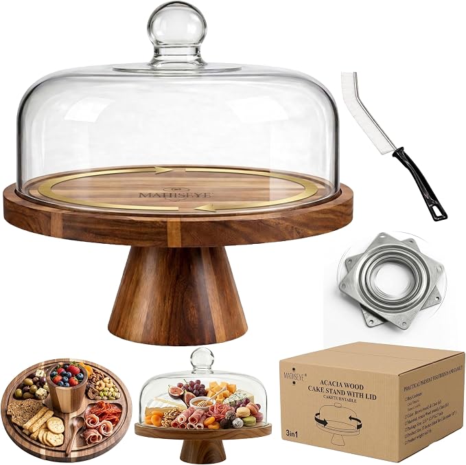 2026 Upgraded Cake Stand with Lid, 11.8 Inch Rotating Dessert Display Stand, Borosilicate Glass Dome and Wooden Base, Cake Holder Serving Platter for Kitchen, Party, Wedding
