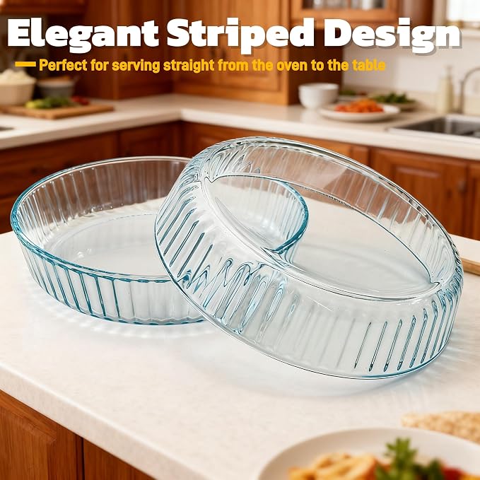 2 Pack Glass Pie Plates, 10 Inches Round Deep Baking Pie Dish, Clear Oven Safe Fluted Pie Serving Pan, Non-Stick Quiche Bakeware Set for Apple Pies, Tart, Salad, Dessert, Microwave & Oven Safe