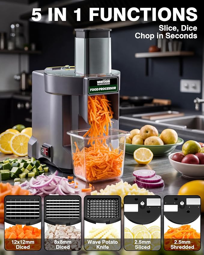 WantJoin 5 in 1 Electric Vegetable Chopper - Multifunctional Commercial Food Processor with Stainless Steel Blades for Slicing(2.5mm), Dicing(8/12mm), Chopping(2.5mm), Shredding