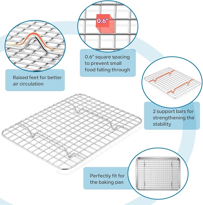 TeamFar Baking Tray with Rack, 12.3 x 9.7 x 1 Inch Stainless Steel Toaster Oven Baking Pan with Grid Rack for Baking Roasting Cooling, Healthy & Heavy-Duty, Oven & Dishwasher Safe, 2pcs