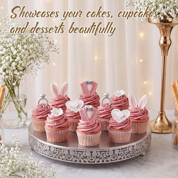 Wenqik 20 Inch Silver Cake Stand Set Metal Round Cupcake Dessert Stand with Cake Cutting, Flower Spatula Wedding Cupcake Pastry Display Candy Holder Display for Wedding Party Birthday Baby Shower