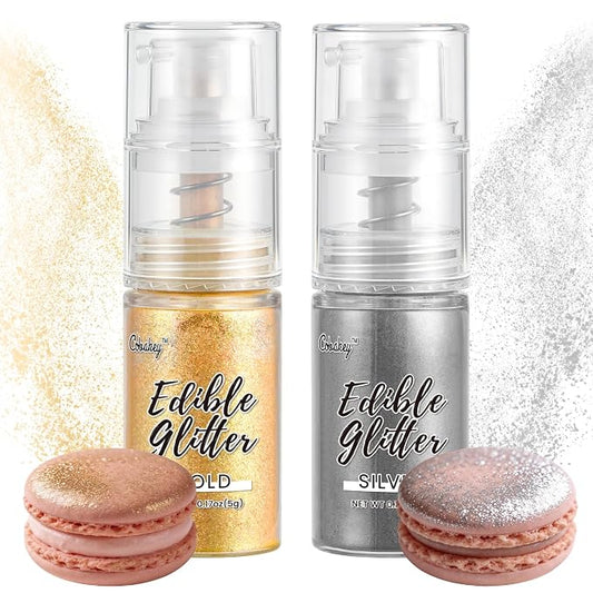 Shimmer Gold & Silver Edible Glitter Spray, Edible Glitter for Cocktails, Cobakey Luster Dust Edible for Cake Decorating, Drinks, Baking, Chocolate, Strawberrie 5g/2 Bottles