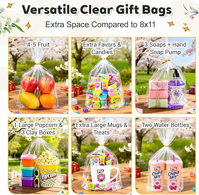 PigPotParty Cellophane Bags 10x14 Inch, 50 Pack Clear Plastic Gift Bags with Bottom Gusset for Stand-Up Display, Medium Cello Wrap for Large Goodies, Treats, Party Favors, Mugs, Includes 50 Ties