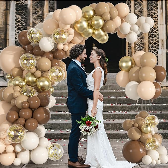 136pcs Brown Balloon Arch Kit, 18 12 10 5 inch Dark Brown Nude Gold Confetti Balloons Garland for Neutral Bear Baby Shower Safari Birthday Party Decorations Supplies